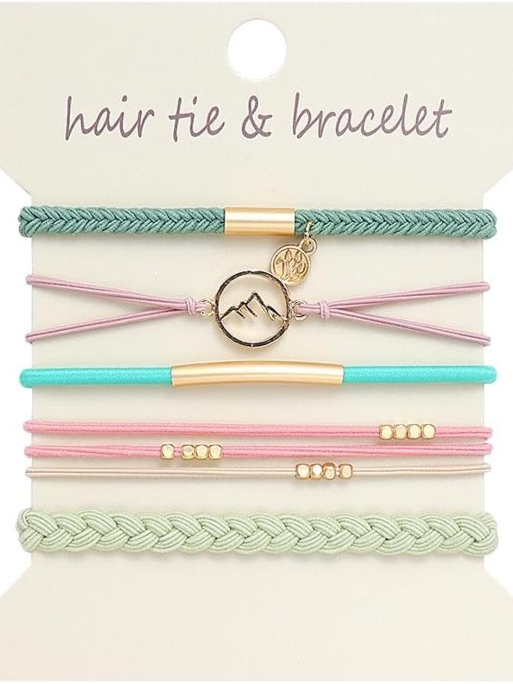 Hair Tie & Bracelet Set - Pastel Pink, Mint & Aqua with Gold Accents